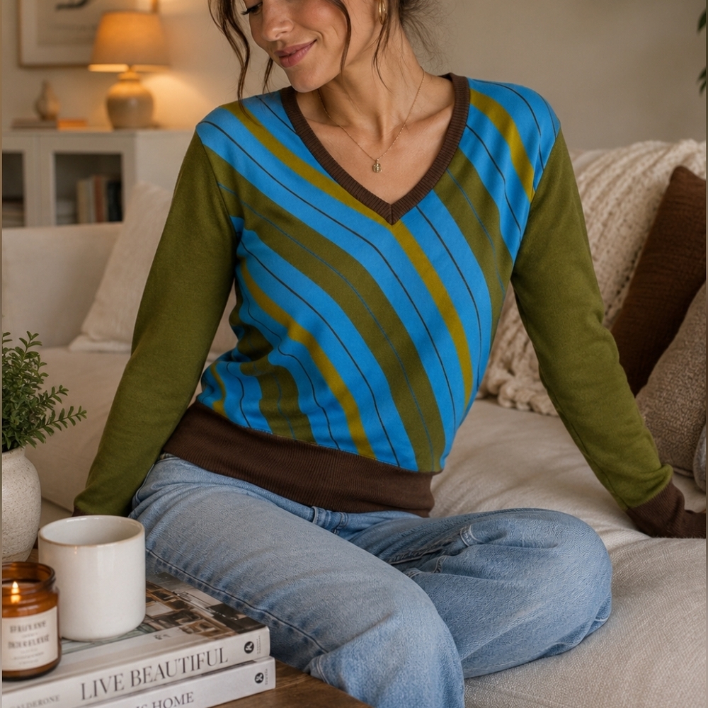 Sweetheart Size M Striped V-Neck Sweater Blue Green Brown Knit Pullover